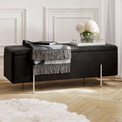 Lola Velet Storage Ottoman In Black With Brushed Gold Legs