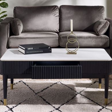Louis Wooden Fluted Stone Top Coffee Table With 2 Drawers In Black Ash