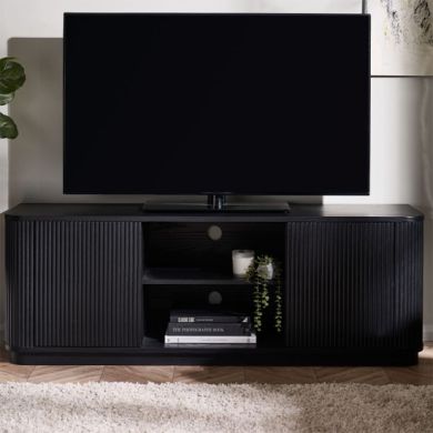 Louis Wooden Fluted TV Stand With 2 Doors In Black Ash