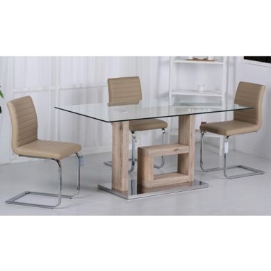 Lucia Clear Glass Dining Set With Natural Legs And 6 PU Cream Chairs