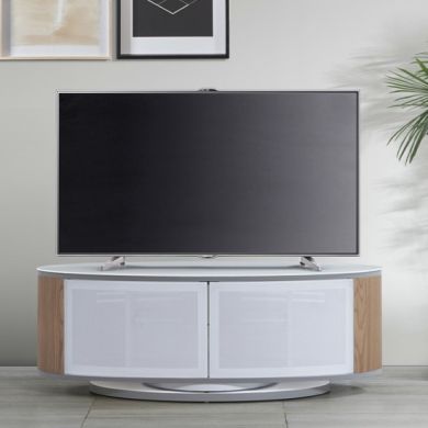 Luna Wooden TV Stand In White High Gloss And Oak With Push Release Doors
