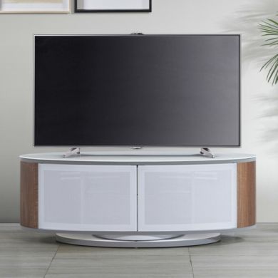 Luna Wooden TV Stand In White High Gloss And Walnut With Push Release Doors