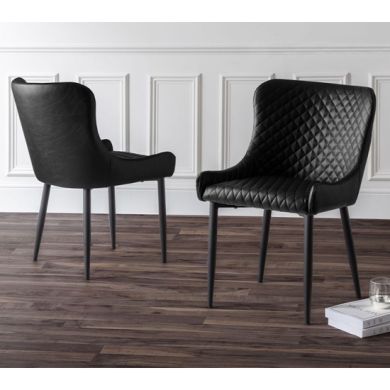Luxe Black Faux Leather Dining Chairs In Pair