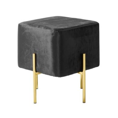 Madelyn Square Velvet Upholstered Accent Stool In Black With Gold Legs