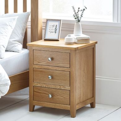 Mallory Wooden Bedside Cabinet With 3 Drawers In Oak