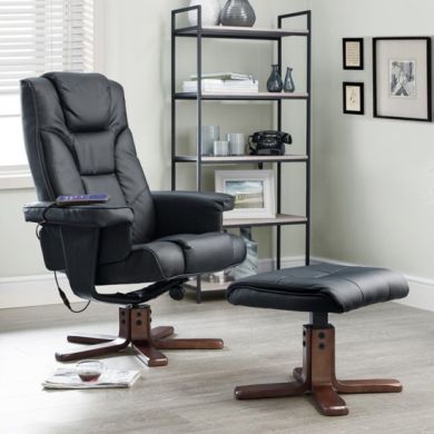 Malmo Faux Leather Massage Recliner Chair And Stool In Black