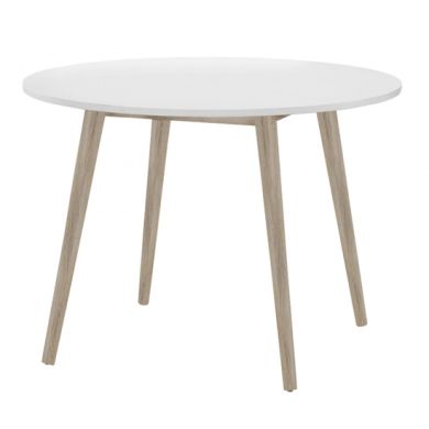 Mapleton Round Wooden Dining Table In White With Oak Legs