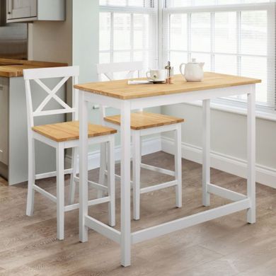 Marlow Wooden Bar Table In Light Oak Effect With Two Bar Stools