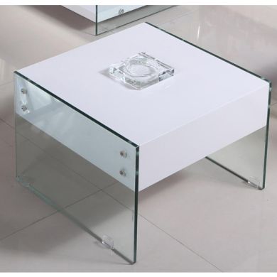 Marco Lamp Table In White High Gloss With Glass Sides And Drawer