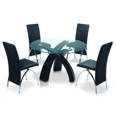 Marston Clear Glass Dining Set With 4 Black PU Chairs