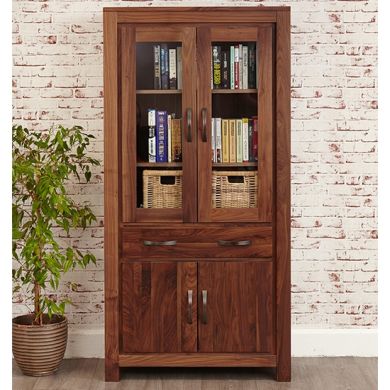 Mayan Large Wooden 4 Doors 1 Drawer Glazed Bookcase In Walnut