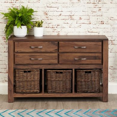 Mayan Wooden 4 Drawers 3 Shelves Console Table In Walnut