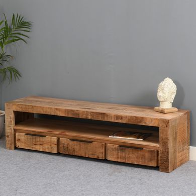 Surrey Solid Mango Wood Large TV Stand With 3 Drawers In Rough Swan