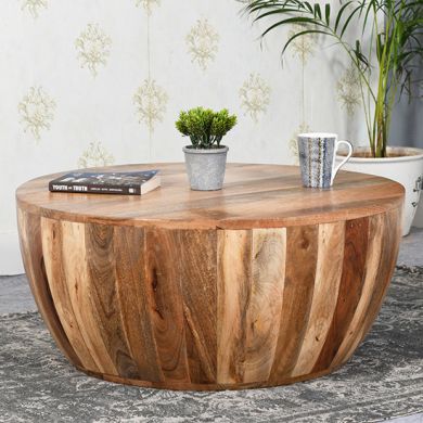 Surrey Solid Mango Wood Drum Coffee Table In Rough Swan