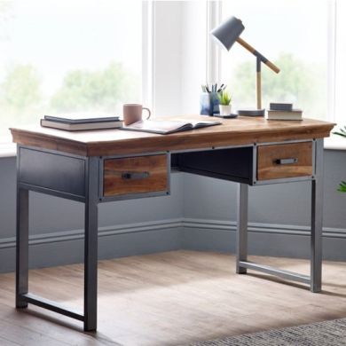 Metropolis Industrial Laptop Desk In Acacia With 2 Drawers