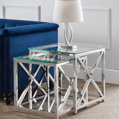 Miami Clear Glass Nest Of 2 Tables With Silver Frame