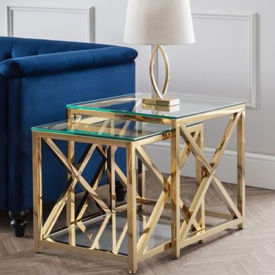 Miami Clear Glass Nest Of 2 Tables With Gold Frame