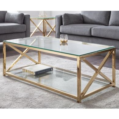 Miami Clear Glass Coffee Table In Gold Cross Frame