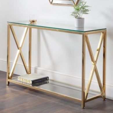 Miami Clear Glass Console Table In Gold Cross Frame