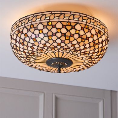 Mille Feux Large Tiffany Glass 2 Lights Flush Ceiling Light In Dark Bronze