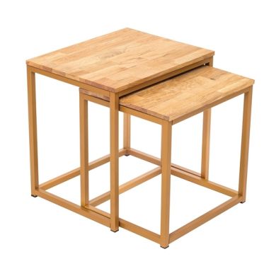 Mirelle Solid Oak Nest Of Tables With Gold Metal Frame
