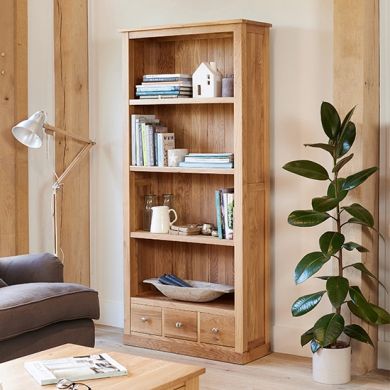 Mobel Large Wooden 3 Drawers Open Bookcase In Oak