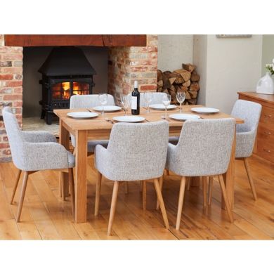 Mobel Large Wooden Dining Table In Oak With 6 Light Grey Vrux Chairs