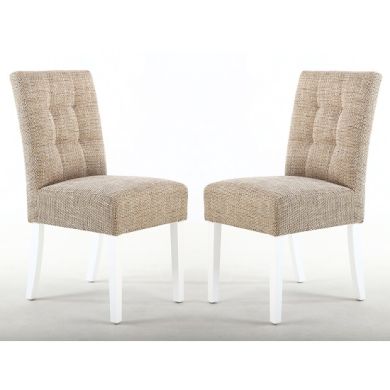 Moseley Tweed Oatmeal Fabric Dining Chairs In Pair With White Legs