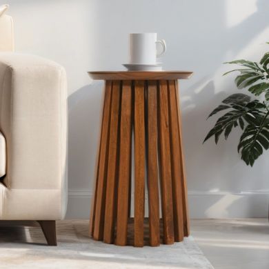 Slatted Mango Wood Round Side Table In Walnut