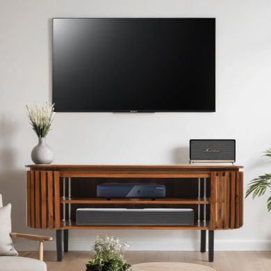 Slatted Mango Wood TV Stand In Walnut