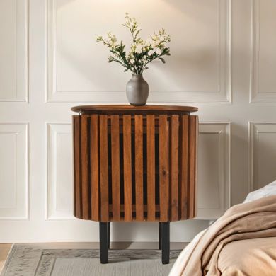 Slatted Mango Wood Bedside Cabinet With 1 Door In Walnut
