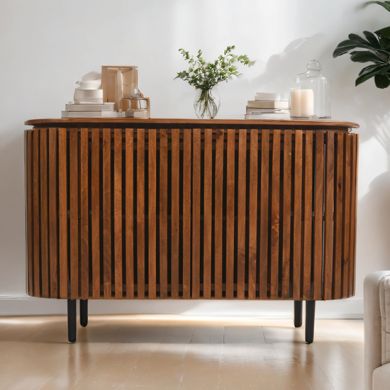 Slatted Mango Wood Large Sideboard With 2 Doors In Walnut
