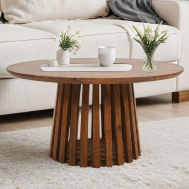 Slatted Mango Wood Round Coffee Table In Walnut