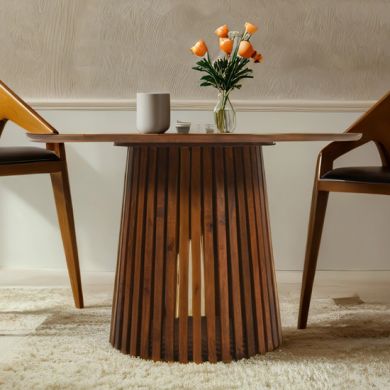 Slatted Mango Wood Round Dining Table In Walnut