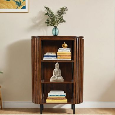 Slatted Mango Wood Medium high Bookcase In Walnut