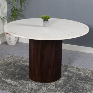 Opal White Marble Top And Mango Wood Round Dining Table In Dark Mahogany