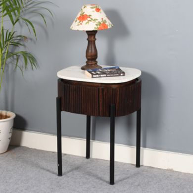 Opal White Marble Top And Mango Wood Bedside Table In Dark Mahogany