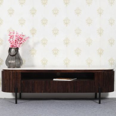 Opal White Marble Top And Mango Wood Large TV Stand In Dark Mahogany