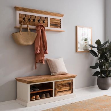 Alfie Solid Mango Wood Shoe Rack With Coat Hanger In Oak