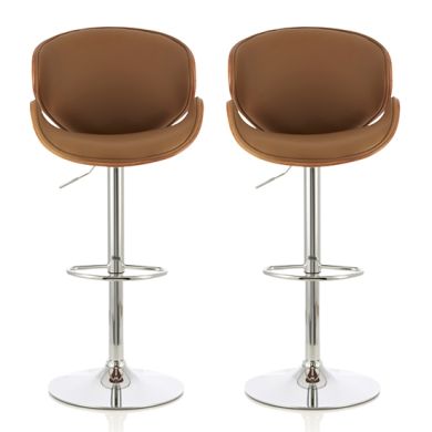 Nancy Beige And Walnut Faux Leather Swivel Bar Stools In Pair