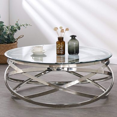 Nevada Round Clear Glass Coffee Table With Silver Frame