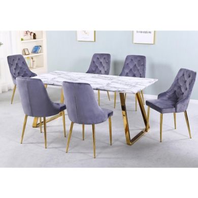 Newchapel Marble Effect Wooden Dining Set With Gold Legs And 6 Chairs