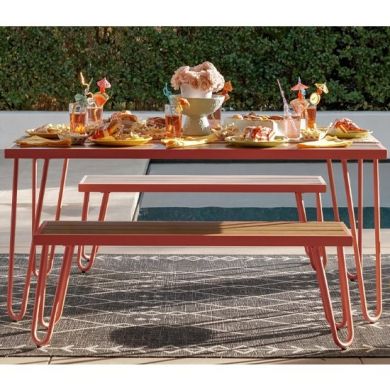 Novogratz Paulette Outdoor Resin Wood Dining Table And 2 Benches In Red