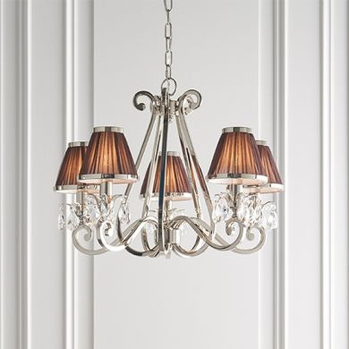 Oksana Clear Crystal 5 Lights Ceiling Pendant Light In Polished Nickel With Chocolate Shades