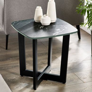 Olympus Glass Top Lamp Table In Black Marble Effect