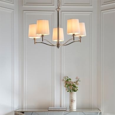 Ortona 5 Lights White Fabric Shades Ceiling Pendant Light In Bright Nickel