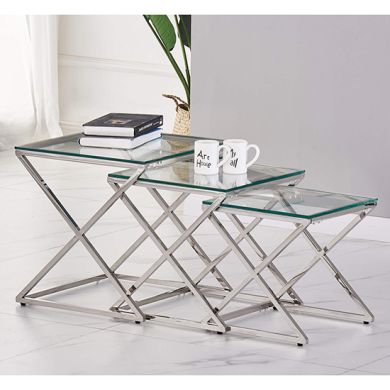 Osaka Clear Glass Nest Of 3 Tables With Silver Frame