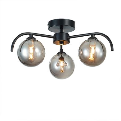 Otley 3 Smoked Glass Globe Bulbs Flush Ceiling Light In Black