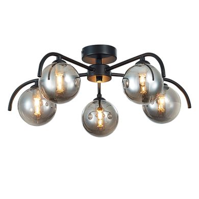 Otley 5 Smoked Glass Globe Bulbs Flush Ceiling Light In Black