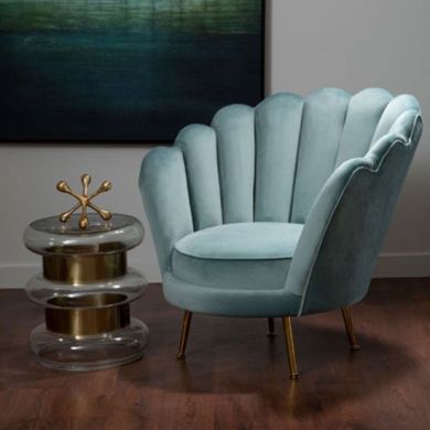 Ovala Plush Velvet Upholstered Scalloped Armchair In Light Blue